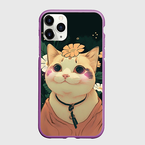 Чехол iPhone 11 Pro матовый Смущённый мемный котик / 3D-Фиолетовый – фото 1