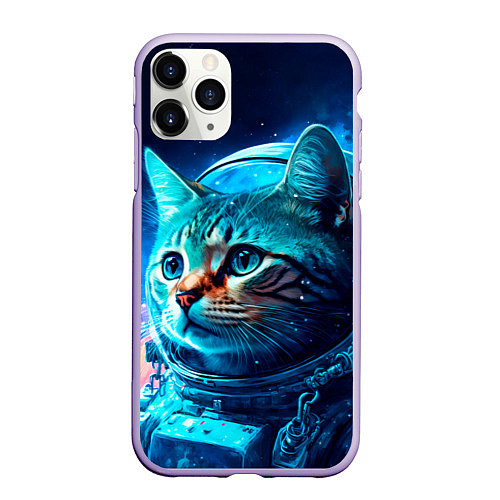 Чехол iPhone 11 Pro матовый Кот космонавт и звезды / 3D-Светло-сиреневый – фото 1