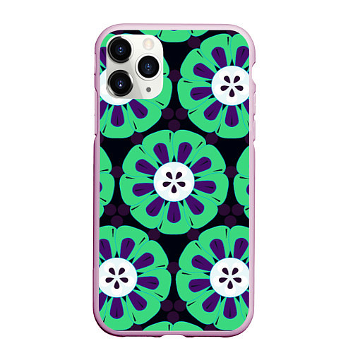 Чехол iPhone 11 Pro матовый Паттерн голубо-зеленые зубастые цветы / 3D-Розовый – фото 1