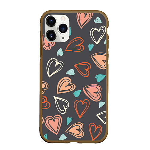 Чехол iPhone 11 Pro матовый Много сердец / 3D-Коричневый – фото 1