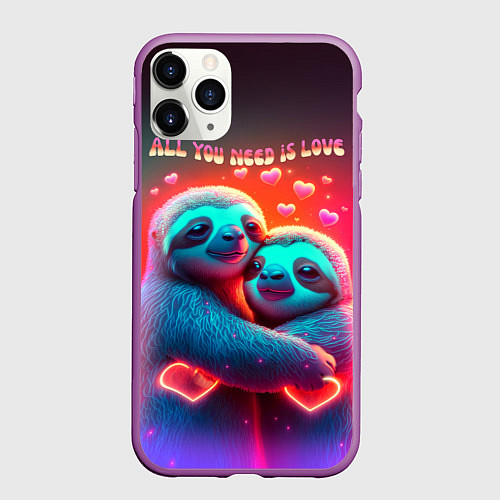 Чехол iPhone 11 Pro матовый Влюбленные ленивцы - всё что тебе нужно - это любо / 3D-Фиолетовый – фото 1