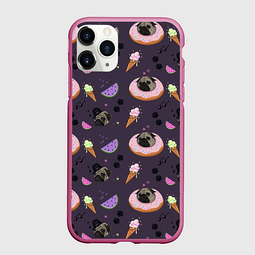 Чехол iPhone 11 Pro матовый Паттерн с мопсами и едой / 3D-Малиновый – фото 1