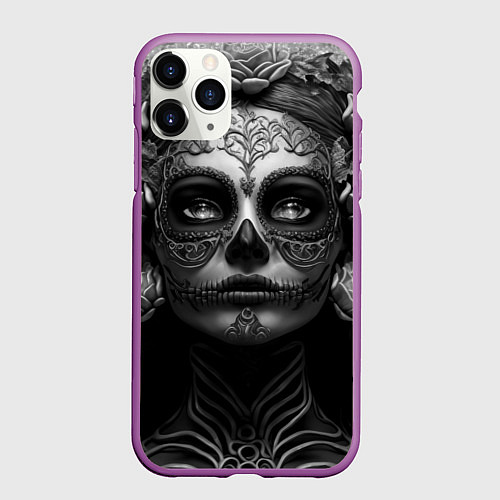 Чехол iPhone 11 Pro матовый Девушка с макияжем для дня мертвых / 3D-Фиолетовый – фото 1