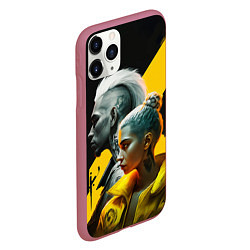 Чехол iPhone 11 Pro матовый Девушка и парень в стиле киберпанк, цвет: 3D-малиновый — фото 2
