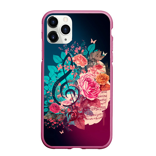 Чехол iPhone 11 Pro матовый Цветы и музыкальная нота / 3D-Малиновый – фото 1