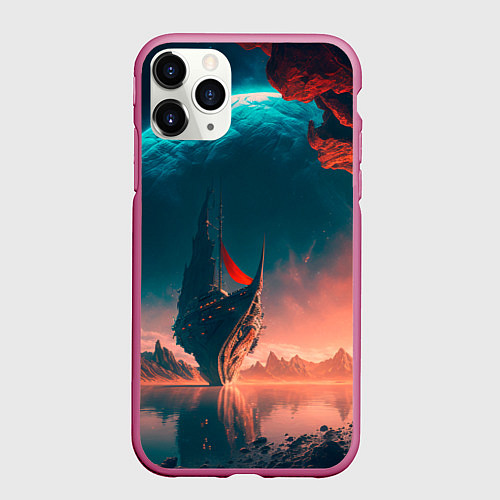 Чехол iPhone 11 Pro матовый Абстрактный летающий корабль и луна / 3D-Малиновый – фото 1