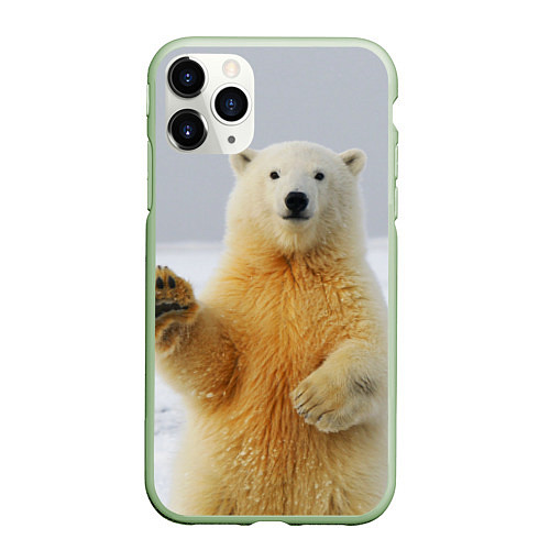 Чехол iPhone 11 Pro матовый Белый медведь приветствует / 3D-Салатовый – фото 1
