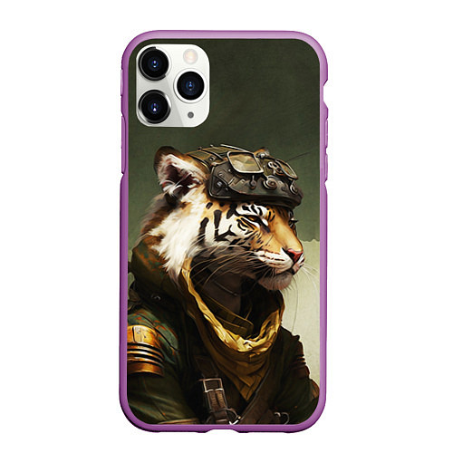 Чехол iPhone 11 Pro матовый Тигр в милитари форме / 3D-Фиолетовый – фото 1