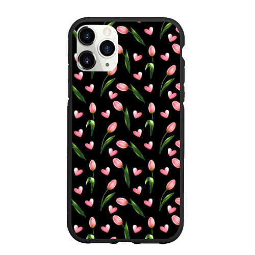 Чехол iPhone 11 Pro матовый Тюльпаны и сердечки на черном - паттерн / 3D-Черный – фото 1