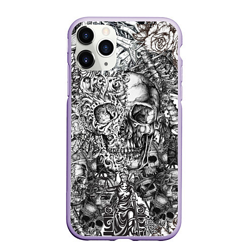 Чехол iPhone 11 Pro матовый Татуировки черепов / 3D-Светло-сиреневый – фото 1