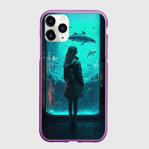 Чехол iPhone 11 Pro матовый Девушка и аквариум / 3D-Фиолетовый – фото 1