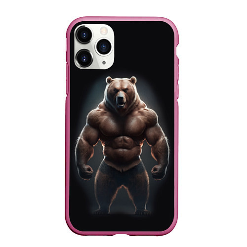 Чехол iPhone 11 Pro матовый Сильный медведь спортсмен / 3D-Малиновый – фото 1