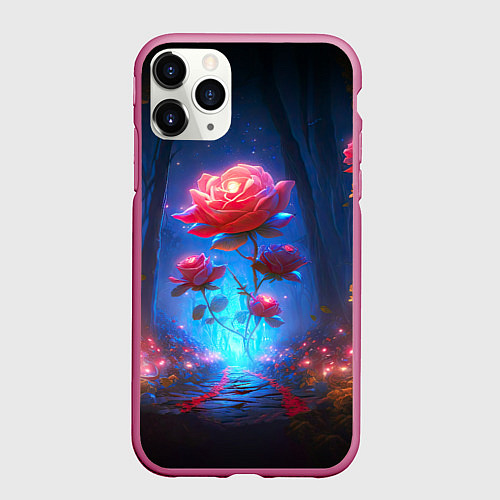 Чехол iPhone 11 Pro матовый Алая роза в ночном лесу / 3D-Малиновый – фото 1