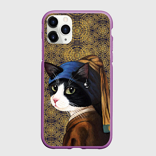 Чехол iPhone 11 Pro матовый Кошечка с жемчужной сережкой Ян Вермеер пародия / 3D-Фиолетовый – фото 1