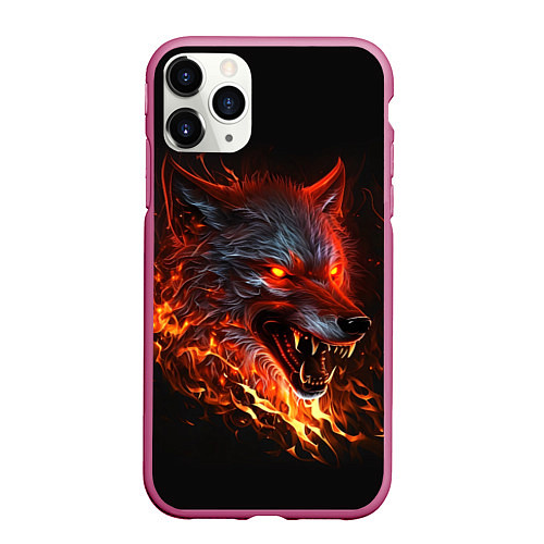 Чехол iPhone 11 Pro матовый Огненный злой волк с красными глазами / 3D-Малиновый – фото 1
