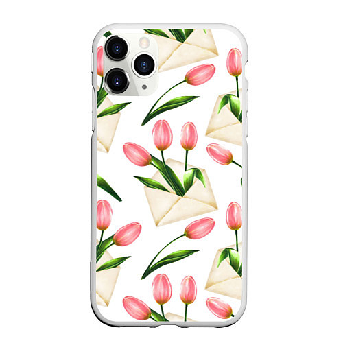 Чехол iPhone 11 Pro матовый Тюльпаны в конвертах - паттерн / 3D-Белый – фото 1