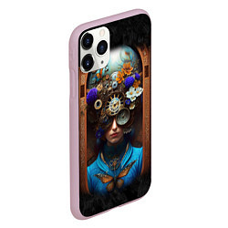 Чехол iPhone 11 Pro матовый Женщина с цветами в стиле стимпанк, цвет: 3D-розовый — фото 2