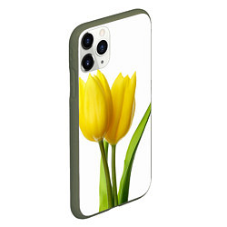 Чехол iPhone 11 Pro матовый Желтые тюльпаны на белом, цвет: 3D-темно-зеленый — фото 2