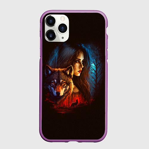 Чехол iPhone 11 Pro матовый Волк и девушка / 3D-Фиолетовый – фото 1