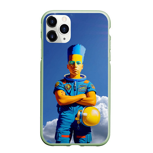Чехол iPhone 11 Pro матовый Барт Симпсон - космический мальчик - нейросеть / 3D-Салатовый – фото 1