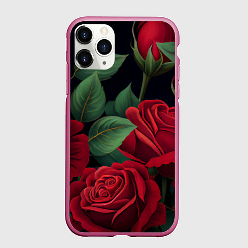 Чехол iPhone 11 Pro матовый Много красных роз / 3D-Малиновый – фото 1