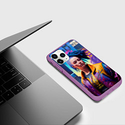 Чехол iPhone 11 Pro матовый Девушка в ночном городе - киберпанк - нейросеть, цвет: 3D-фиолетовый — фото 2