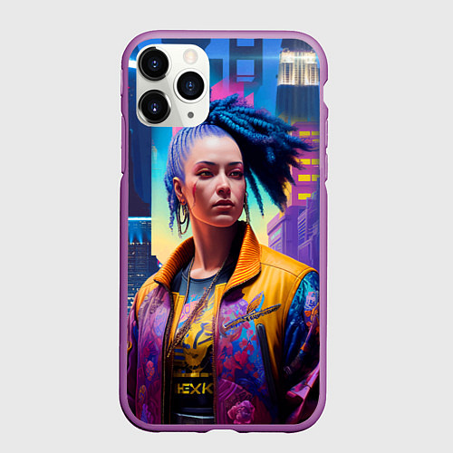 Чехол iPhone 11 Pro матовый Девушка в ночном городе - киберпанк - нейросеть / 3D-Фиолетовый – фото 1