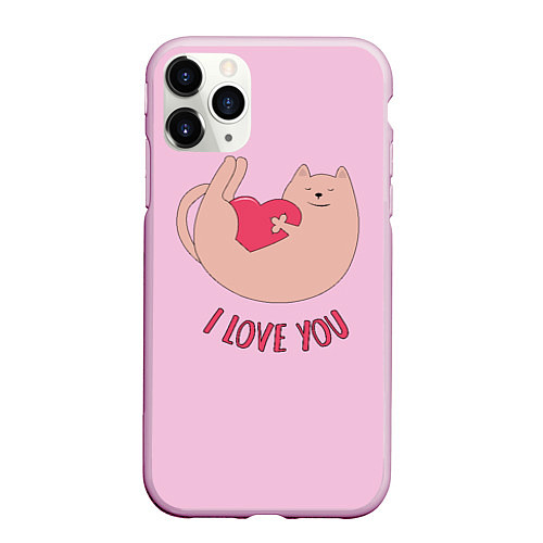 Чехол iPhone 11 Pro матовый Кот играет с сердцем / 3D-Розовый – фото 1