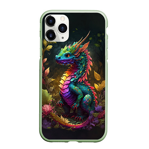 Чехол iPhone 11 Pro матовый Разноцветный дракончик в лесу / 3D-Салатовый – фото 1