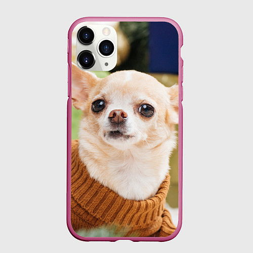 Чехол iPhone 11 Pro матовый Праздничный чихуахуа / 3D-Малиновый – фото 1