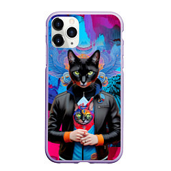 Чехол iPhone 11 Pro матовый Чёрная модница кошка - нейросеть, цвет: 3D-светло-сиреневый