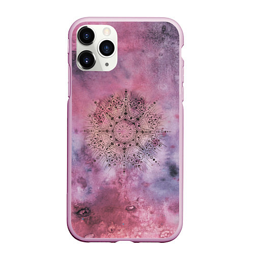 Чехол iPhone 11 Pro матовый Мандала гармонии, фиолетовая, космос / 3D-Розовый – фото 1