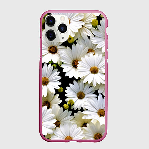 Чехол iPhone 11 Pro матовый Белые цветы ромашки - летний паттерн / 3D-Малиновый – фото 1