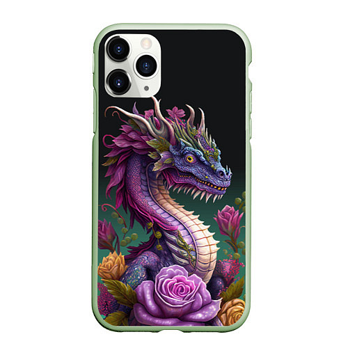 Чехол iPhone 11 Pro матовый Неоновый дракон с цветами / 3D-Салатовый – фото 1