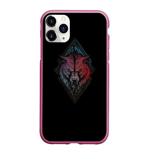 Чехол iPhone 11 Pro матовый Неоновый разноцветный волк / 3D-Малиновый – фото 1
