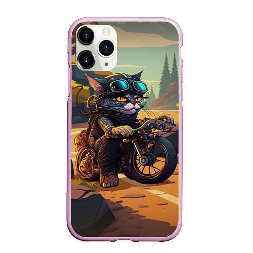 Чехол iPhone 11 Pro матовый Кот на мотоцикле - байкер / 3D-Розовый – фото 1