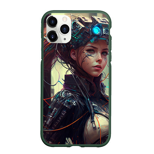 Чехол iPhone 11 Pro матовый Девушка-киберпанк из нейросети / 3D-Темно-зеленый – фото 1