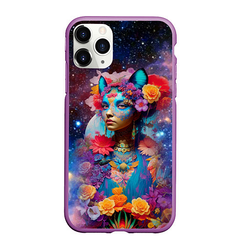 Чехол iPhone 11 Pro матовый Космическая девушка-кошка / 3D-Фиолетовый – фото 1