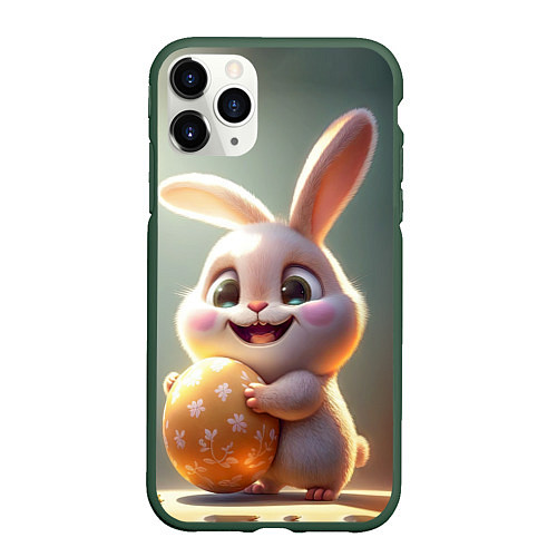 Чехол iPhone 11 Pro матовый Пасхальный зайка на полянке / 3D-Темно-зеленый – фото 1