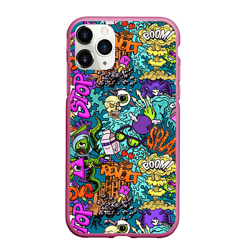 Чехол iPhone 11 Pro матовый Поп-арт взрыв с инопланетянином и черепом / 3D-Малиновый – фото 1