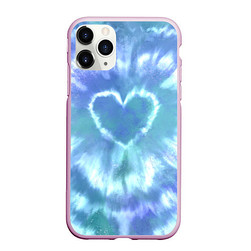Чехол iPhone 11 Pro матовый Сердце - тай-дай - голубой / 3D-Розовый – фото 1
