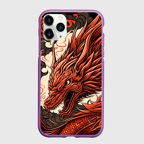 Чехол iPhone 11 Pro матовый Японский краcный дракон / 3D-Фиолетовый – фото 1
