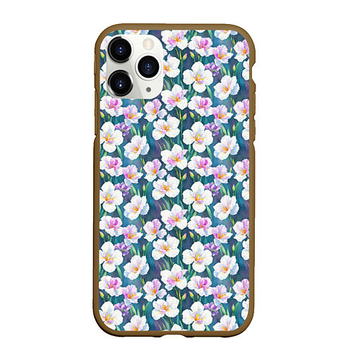 Чехол iPhone 11 Pro матовый Ирисы акварельный паттерн / 3D-Коричневый – фото 1