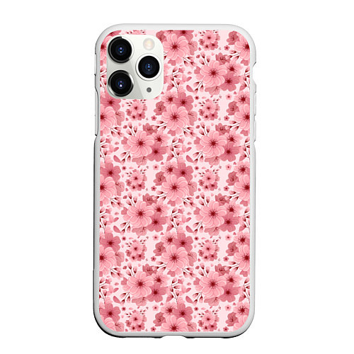 Чехол iPhone 11 Pro матовый Розовые цветы узор / 3D-Белый – фото 1
