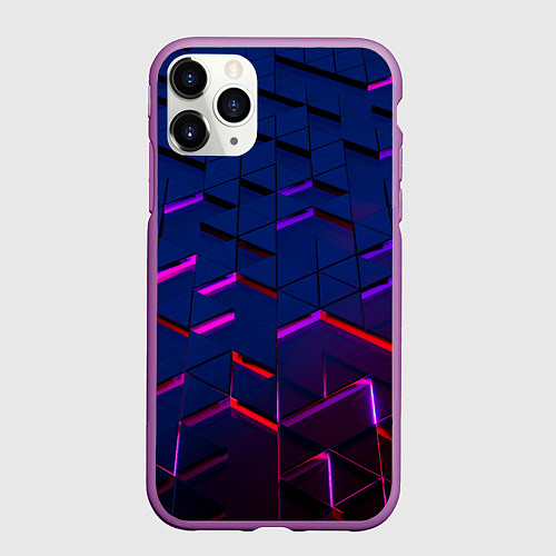 Чехол iPhone 11 Pro матовый Неоновые треугольники с подсветкой / 3D-Фиолетовый – фото 1