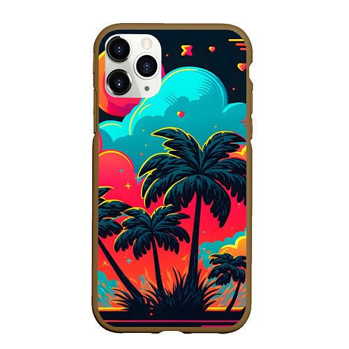 Чехол iPhone 11 Pro матовый Неоновые пальмы на закате / 3D-Коричневый – фото 1