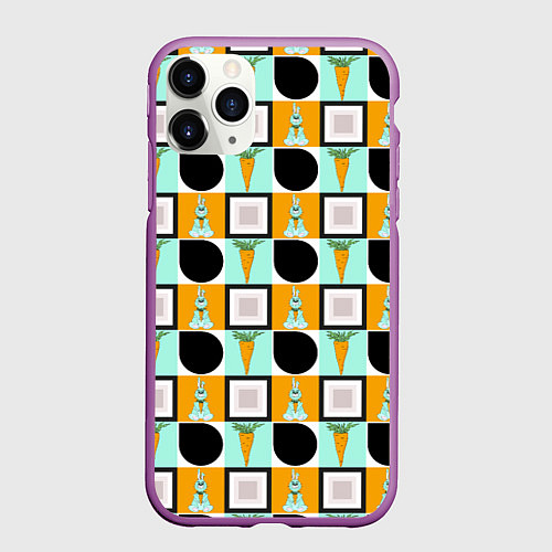 Чехол iPhone 11 Pro матовый Зайка и морковка, геометрический паттерн / 3D-Фиолетовый – фото 1