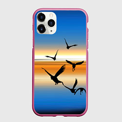 Чехол iPhone 11 Pro матовый Вороны на закате, цвет: 3D-малиновый