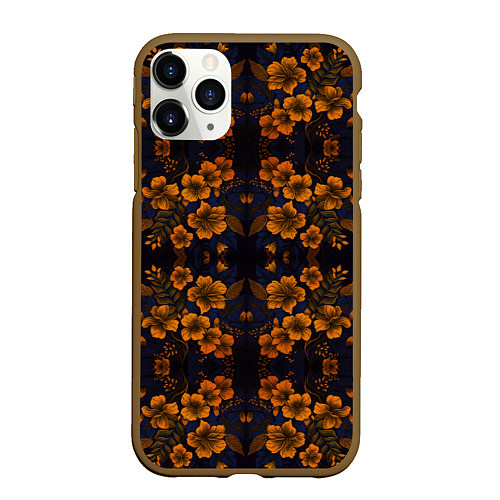 Чехол iPhone 11 Pro матовый Желто-оранжевые нежные цветы / 3D-Коричневый – фото 1