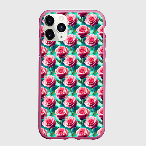 Чехол iPhone 11 Pro матовый Узор из розовых роз / 3D-Малиновый – фото 1